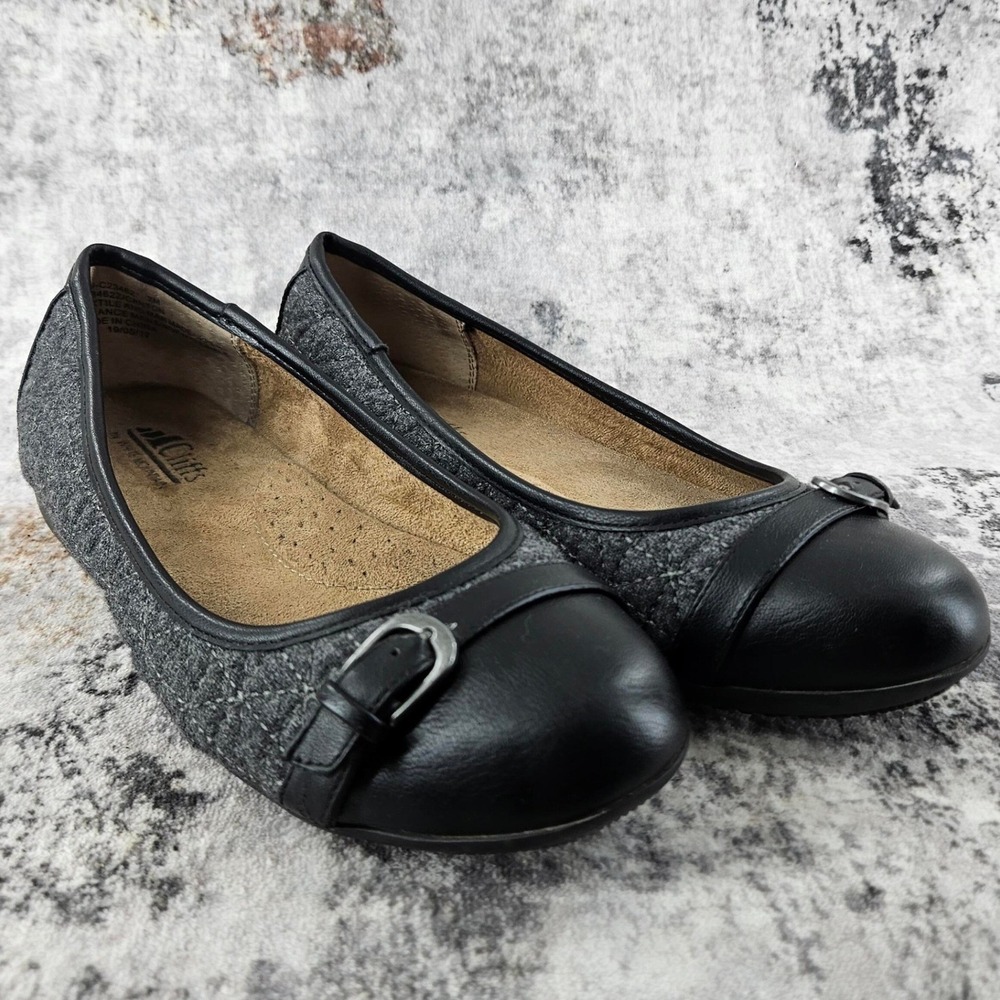 Cliffs White Mountain Womens 7 Ballet Flats Gray Tweed Black Faux Leather Buckle